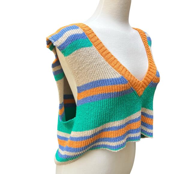 Free People Beach Marsha Striped Sweater Vest Sz XL Cropped Green Coastal Boho - Picture 2 of 12